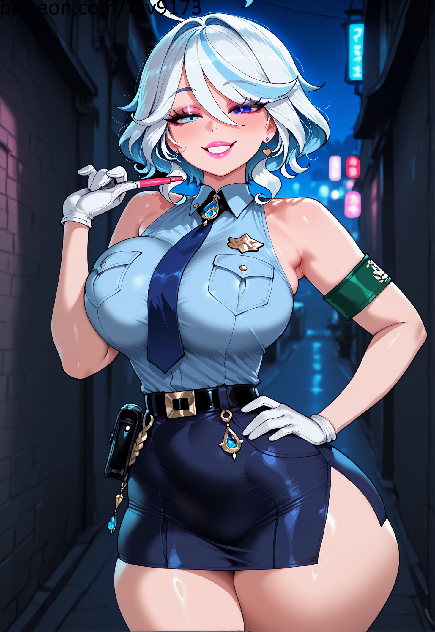 ahoge, ai generated, armband, bangs, bare shoulders, belt, blue eyes, blue hair, blue necktie, blue shirt, blue skirt, breast pocket, breasts, candy, collared shirt, curvy, earrings, female, food, furina (genshin impact), genshin impact, gloves, grin, hair between eyes, hand on hip, holding, jewelry, large breasts, lollipop, looking at viewer, makeup, miniskirt, necktie, night, outdoors, pencil skirt, pocket, police, police uniform, policewoman, shirt, short hair, side slit, skindentation, skirt, sleeveless, sleeveless shirt, smile, solo, teeth, tgv9173, thick thighs, thighhighs, thighs, uniform, white gloves, white hair, wide hips