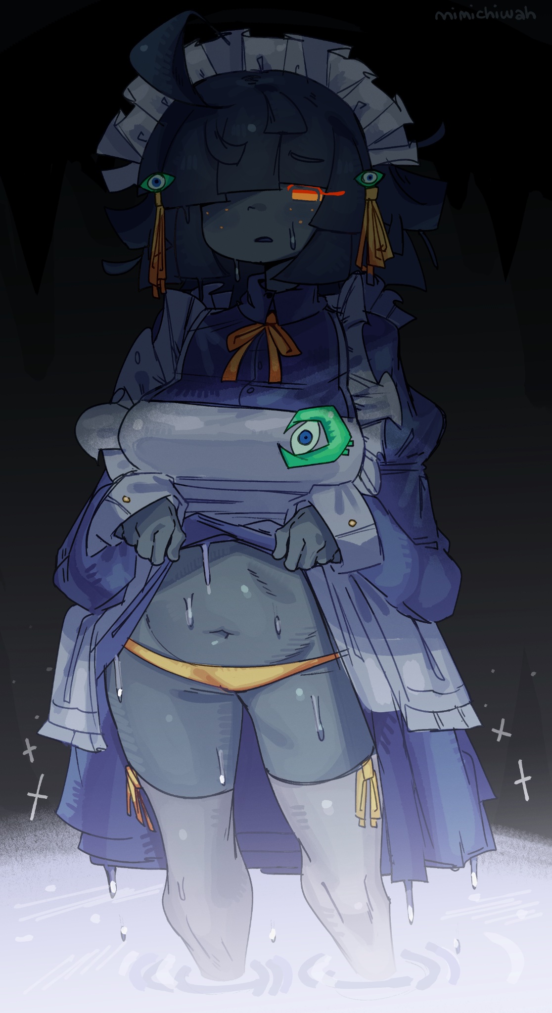 1girls, big breasts, breasts, cultist girl (mimichiwah), dress, dress lift, female, lunatic cultist, maid, maid uniform, mimichiwah, oc, original character, panties, solo, solo female, sweat, sweatdrop, sweating, sweaty, sweaty body, terraria, thick thighs, thighhighs