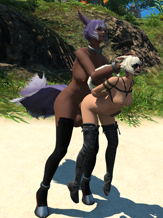 bit_gag blindfold blindfolded bondage bondage cat_ears cat_girl catgirl collar dangling_legs dark-skinned_female dark-skinned_futa dominant_futa final_fantasy_xiv gpose(ffxiv) hoof_boots horsecock_futa large_ass large_breasts large_penis larger_futa light-skinned_female miqo'te shackles submissive_female u'thuri y'shtola