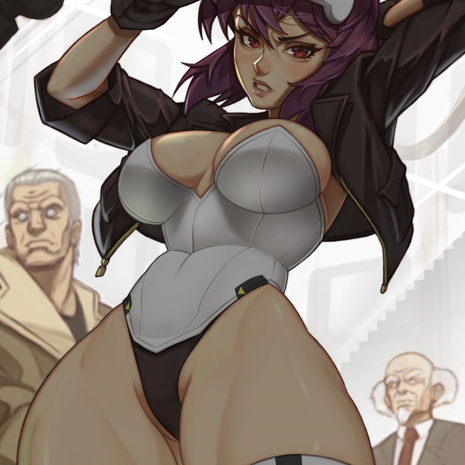 1girls, 2boys, batou, daisuke aramaki, female, ghost in the shell, ghost in the shell stand alone complex, kusanagi motoko, legs apart, male, thick thighs, thighs