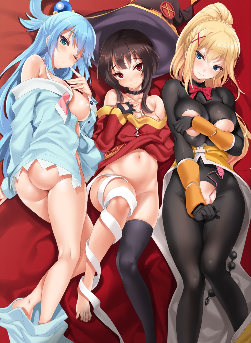 3girls anal_beads aqua_(konosuba) areola_slip areolae arm_warmers armpit_crease armpits ass bandaged_leg barefoot black_gloves black_hair black_legwear blonde_hair blue_eyes blush bodysuit breasts choker cle_masahiro convenient_censoring covering covering_breasts darkness_(konosuba) exposed_breasts eyebrows_visible_through_hair feet female female_only fingerless_gloves gloves hair_ornament hand_on_own_chest hat kono_subarashii_sekai_ni_shukufuku_wo! large_breasts looking_at_viewer medium_breasts megumin multiple_girls navel nipple_cutout no_panties one_eye_closed pants_pull ponytail red_eyes single_thighhigh small_breasts smile thighhighs tied_hair toes top_pull vibrator witch_hat x_hair_ornament