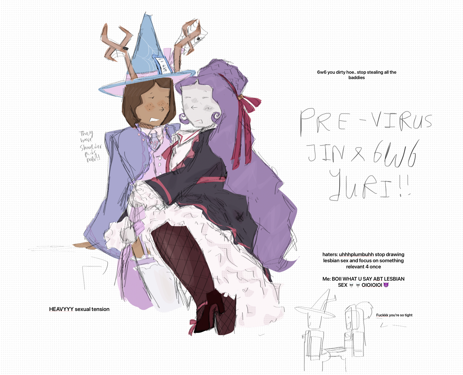 1girls, 1other, 226w6, ambiguous gender, antlers, arousal, aroused, aroused face, before sex, clothed, clothed female, deer antlers, english text, female, female on top, forsaken (roblox), garter, garter belt, garter straps, implied sex, jin roe, leggings down, lifting dress, lifting skirt, no genitals, no genitals shown, no nudity, nonbinary, roblox, roblox game, robloxian, self upload, sexually suggestive, suggestive, suggestive pose, text, tights, uhplumbuh, witch hat, wizard hat, yuri
