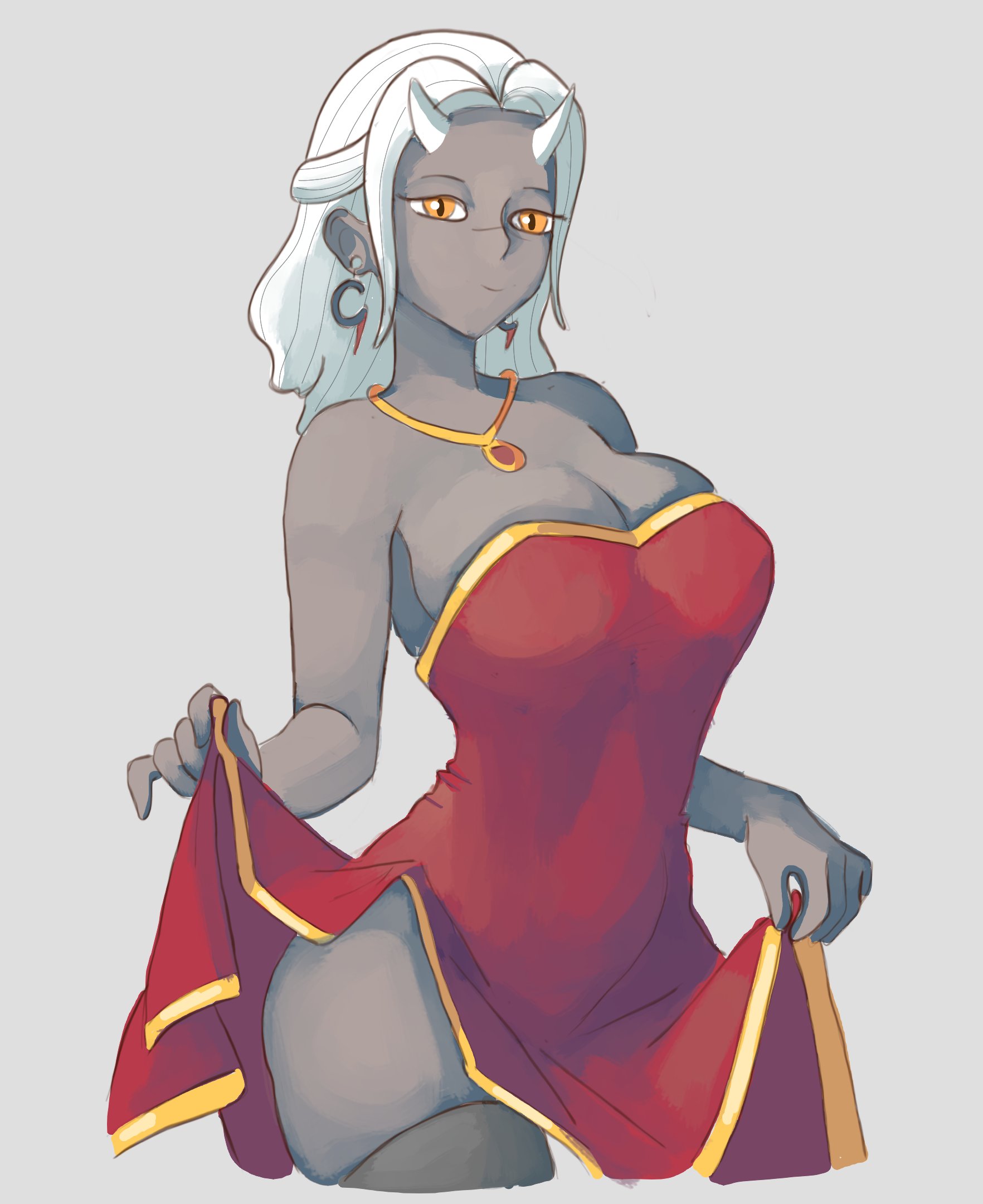 big breasts, breasts, calamitas, calamity mod, dress, dress lift, earrings, female, formal wear, horns, looking at viewer, necklace, nyxaquarious, terraria, thick thighs, thighhighs