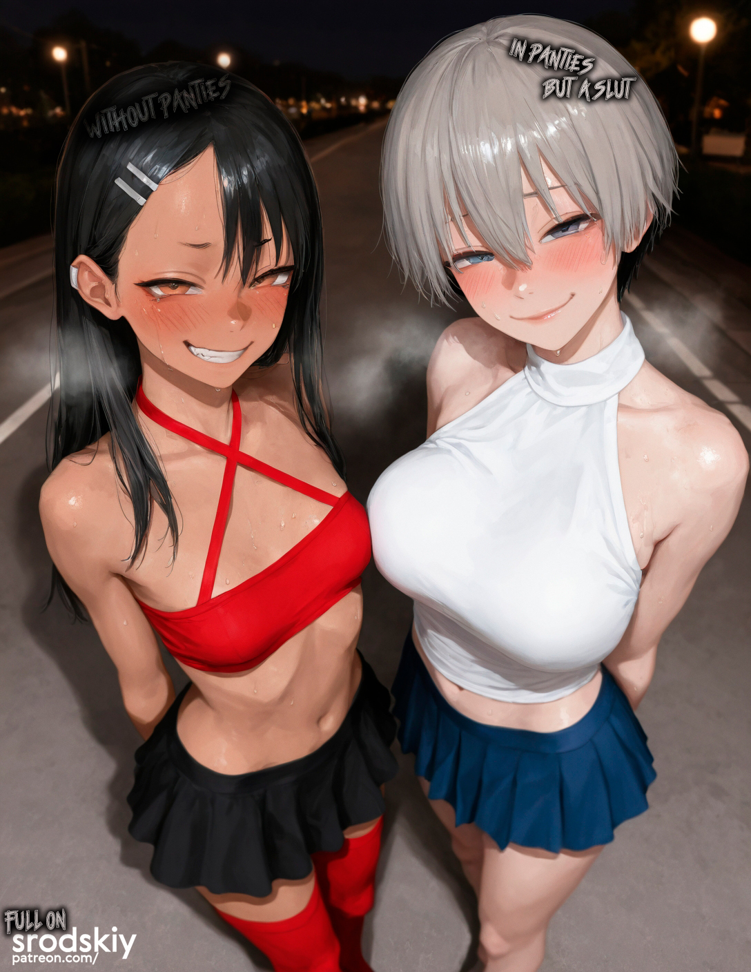 2girls, ai generated, black hair, breasts, different breast sizes, drunk, drunk female, english text, female, female only, gray hair, hayase nagatoro, large breasts, mature female, miniskirt, multiple females, multiple girls, night, party, perky breasts, petite, petite body, please don't bully me, nagatoro, pov, schoolgirl, short hair, skirt, small breasts, smirk, srodskiy, stockings, tagme, teenage female, teenager, text, top, uzaki hana, uzaki-chan wa asobitai!, vulgar, young