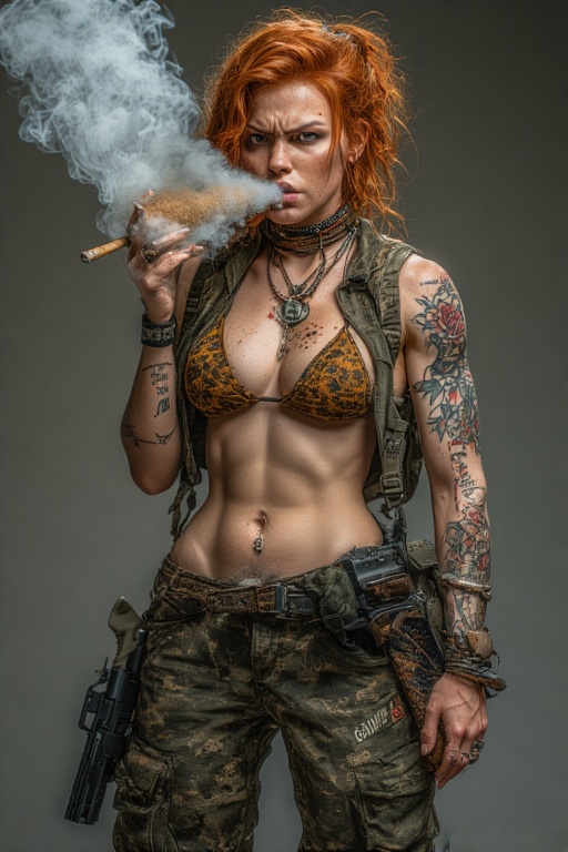 abs ai_assisted blunt female_focus gang p2d2 pistol redhead_female scarlett_johansson smoke stable_diffusion weed