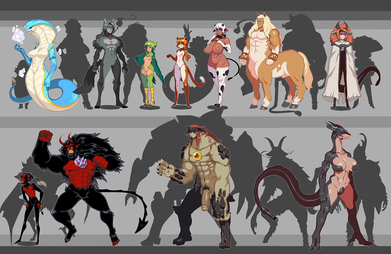 anthro, avian, cat girl, catgirl, centaur, cloud meadow, cyclops, demon, demon girl, devil, dragon, dragon girl, female, flaccid, full length, harpy, horns, huge cock, humanoid penis, lineup, lizard, male, mammal, monster, monster boy, monster girl, multiple boys, multiple females, multiple girls, multiple males, naga, penis, pixel art, s-purple, scalie, snake, standing, taur, werewolf