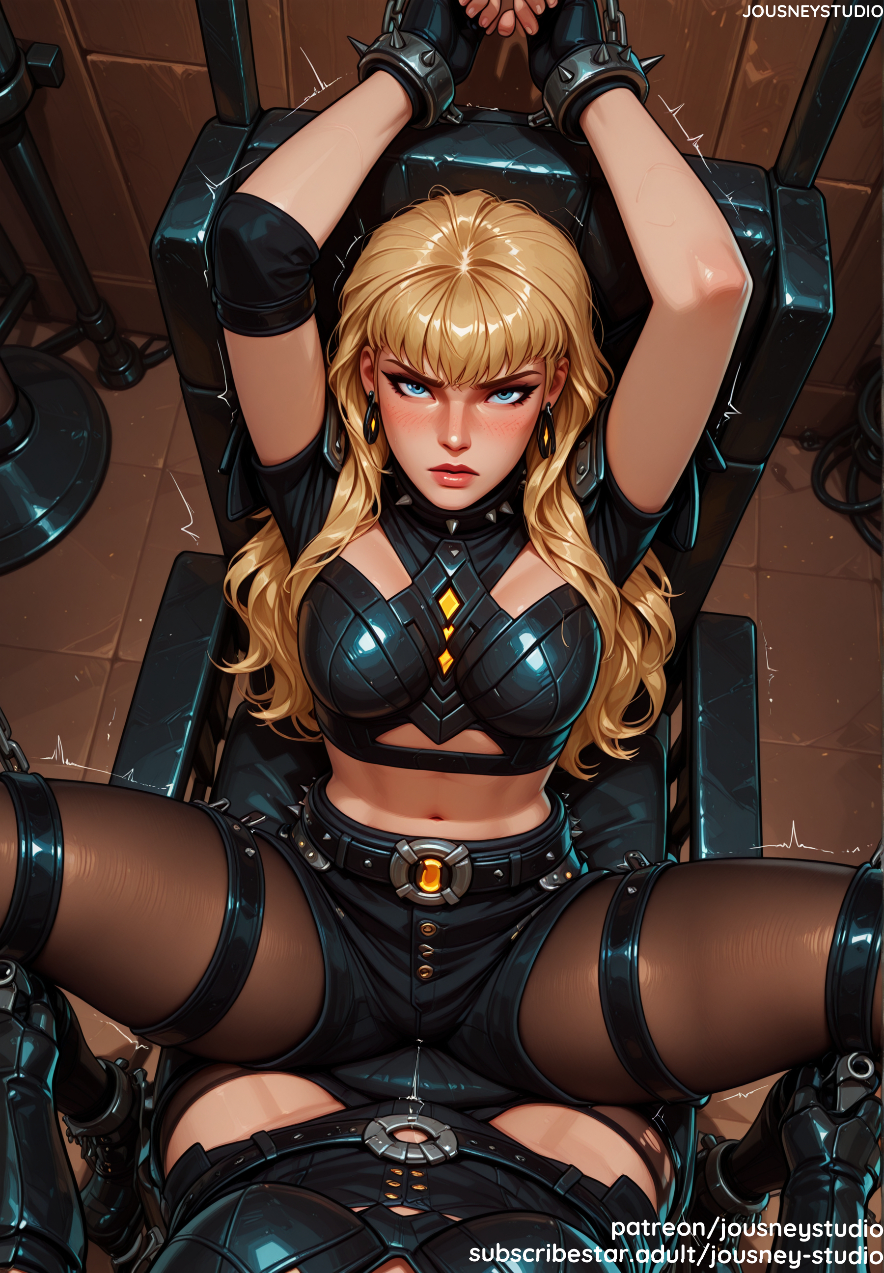 2girls, ai generated, angry, arms up, bangs, belt, black gloves, black shorts, blonde hair, blue eyes, blush, bodysuit, bondage, boots, bound, bound wrists, breasts, chains, clothing, collar, crop top, cuffs, earrings, english text, female, female pov, fingerless gloves, footwear, gloves, handcuffs, indoors, jewelry, jousneystudio, knee boots, large breasts, leather, legwear, legwear under shorts, lips, long hair, looking at viewer, magik (illyana rasputin), magik (marvel rivals), male, marvel, marvel comics, marvel rivals, medium breasts, midriff, multiple girls, navel, new mutants, pants, pantyhose, restrained, restraints, sex, shiny skin, shirt, shoes, short shorts, short sleeves, shorts, skindentation, solo focus, spikes, spread legs, stomach, straight, text, thigh strap, thighs, torn clothes, x-men, yuri