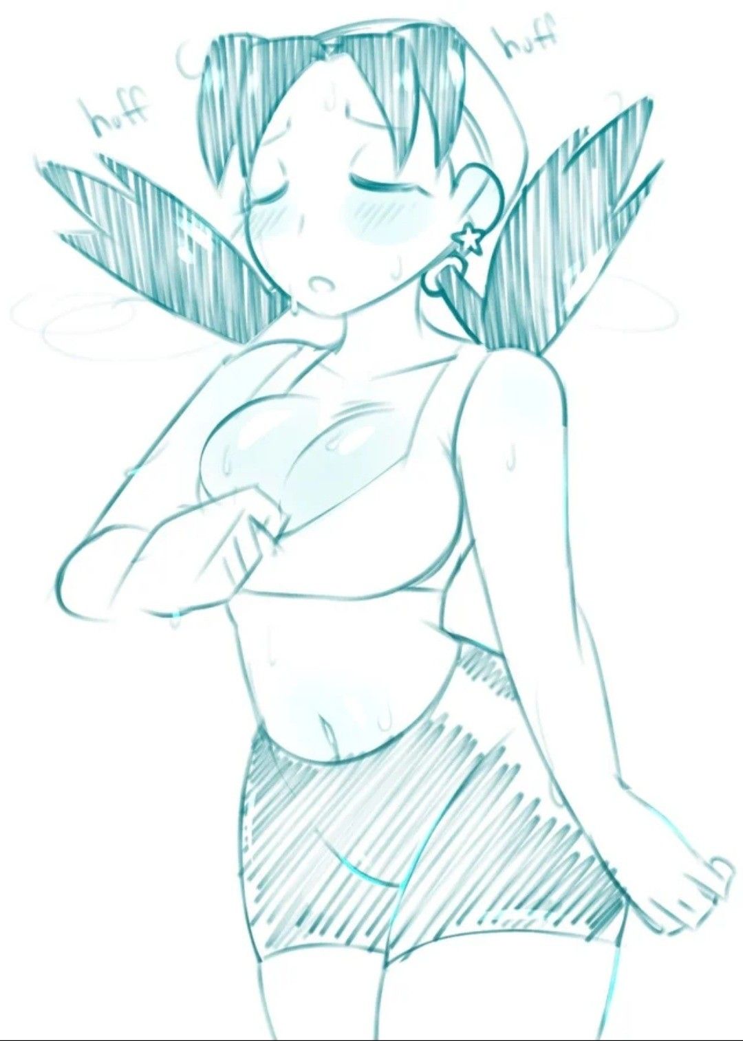 bike_shorts crystal_(pokemon) earrings erohoney medium_breasts navel pokemon pokemon_adventures sketch sports_bra sweat text