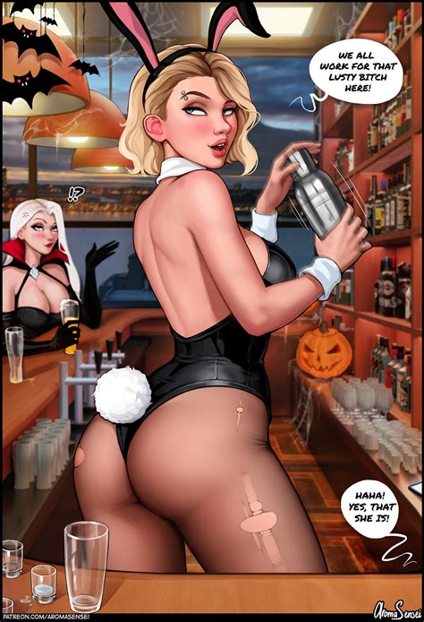 2girls alcoholic_drink aroma_sensei ass bartender blonde_hair breasts bunny_ears bunny_girl bunnysuit dialogue drink english_text fishnets gwen_stacy halloween halloween_costume marvel marvel_comics multiple_girls pantyhose text tight_clothing