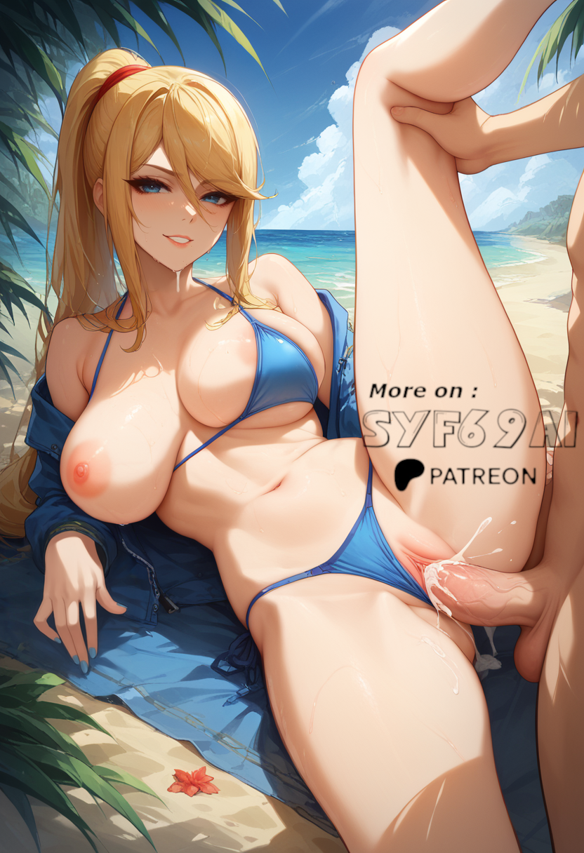 1boy 1girls ai_generated anus big_ass blue_eyes breasts cum cum_in_pussy cum_inside feet feet_up female female_penetrated light-skinned_female light_skin looking_at_viewer looking_back metroid nintendo nude nude_female patreon penis samus_aran sex sideboob swimsuit syf69ai tagme vaginal_insertion vaginal_penetration vaginal_sex yellow_hair