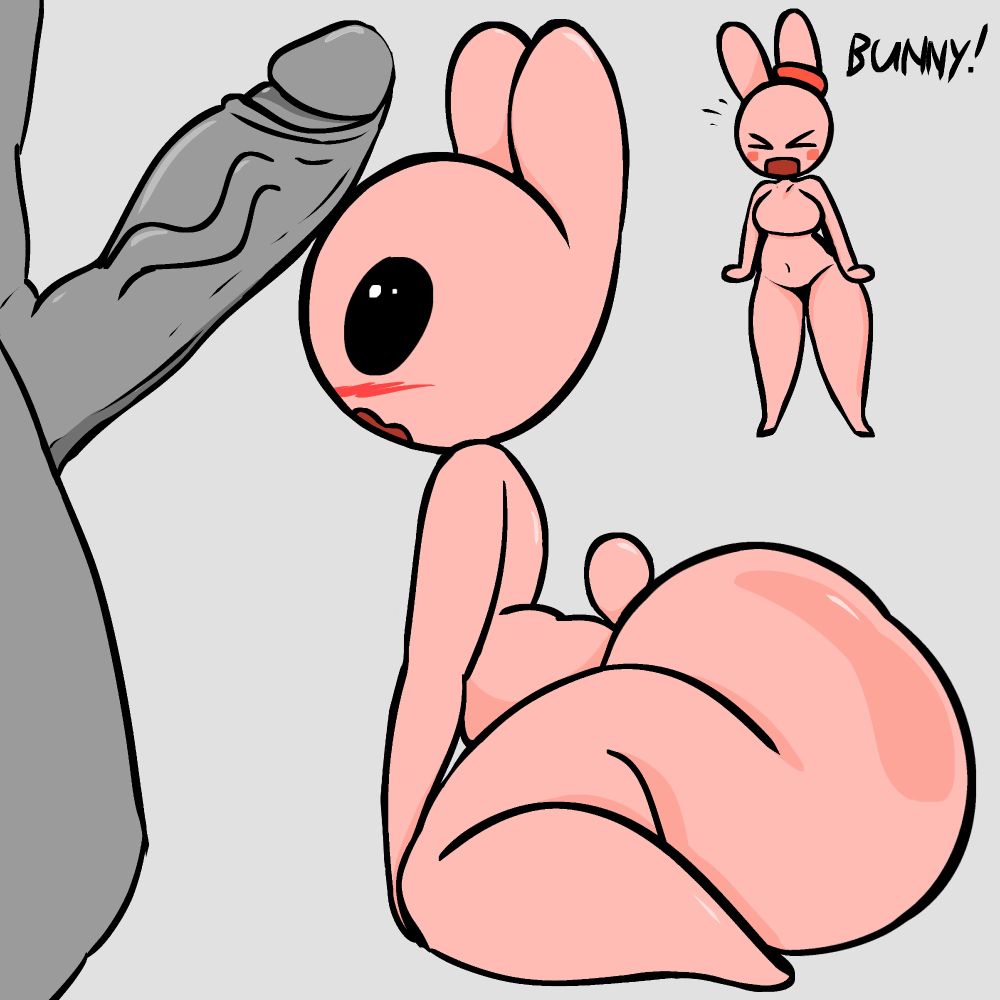 2024 anthro black_eyes blush bunny_maloney bunny_maloney_(character) candy_bunny duo female genitals grey_background grey_body huamnenoughbb lagomorph leporid male mammal penis penis_on_face pink_body rabbit simple_background tagme thick_thighs