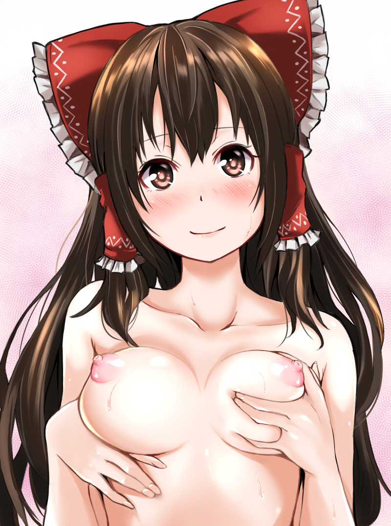 blush bow breast_grab breasts brown_hair female grabbing grabbing_own_breast hair_tubes hairbow kuroto2009 long_hair looking_at_viewer medium_breasts nipples red_eyes reimu_hakurei self_fondle smile solo sweat topless touhou upper_body