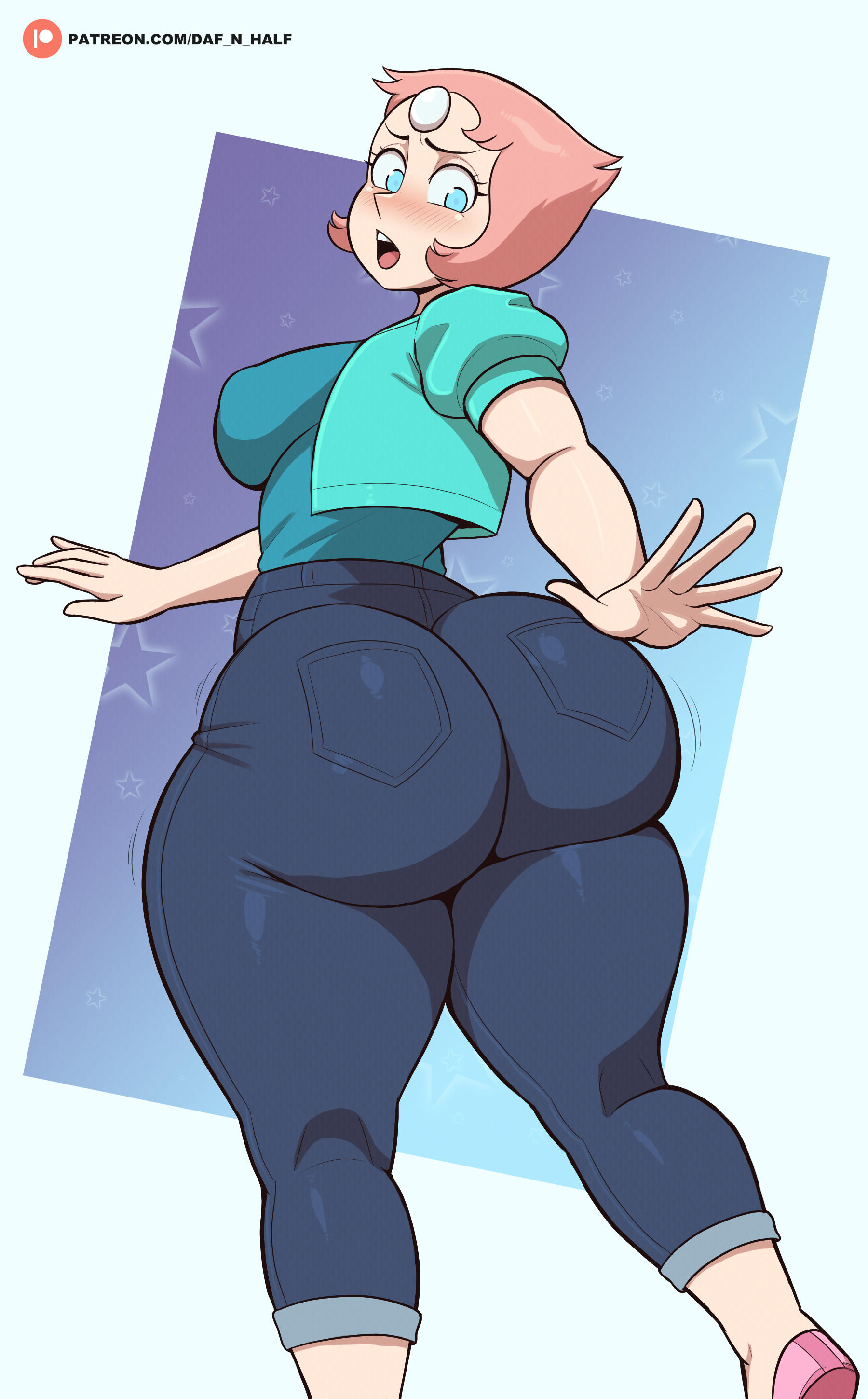 1girls, ass, big ass, bottom heavy, breasts, clothing, daf n half, fat ass, female, female only, gem (species), gluteal fold, huge ass, jeans, large ass, looking at viewer, looking back, mom jeans, pants, pearl (steven universe), shirt, shoes, solo, steven universe, thick ass, thick thighs, vest, wide hips