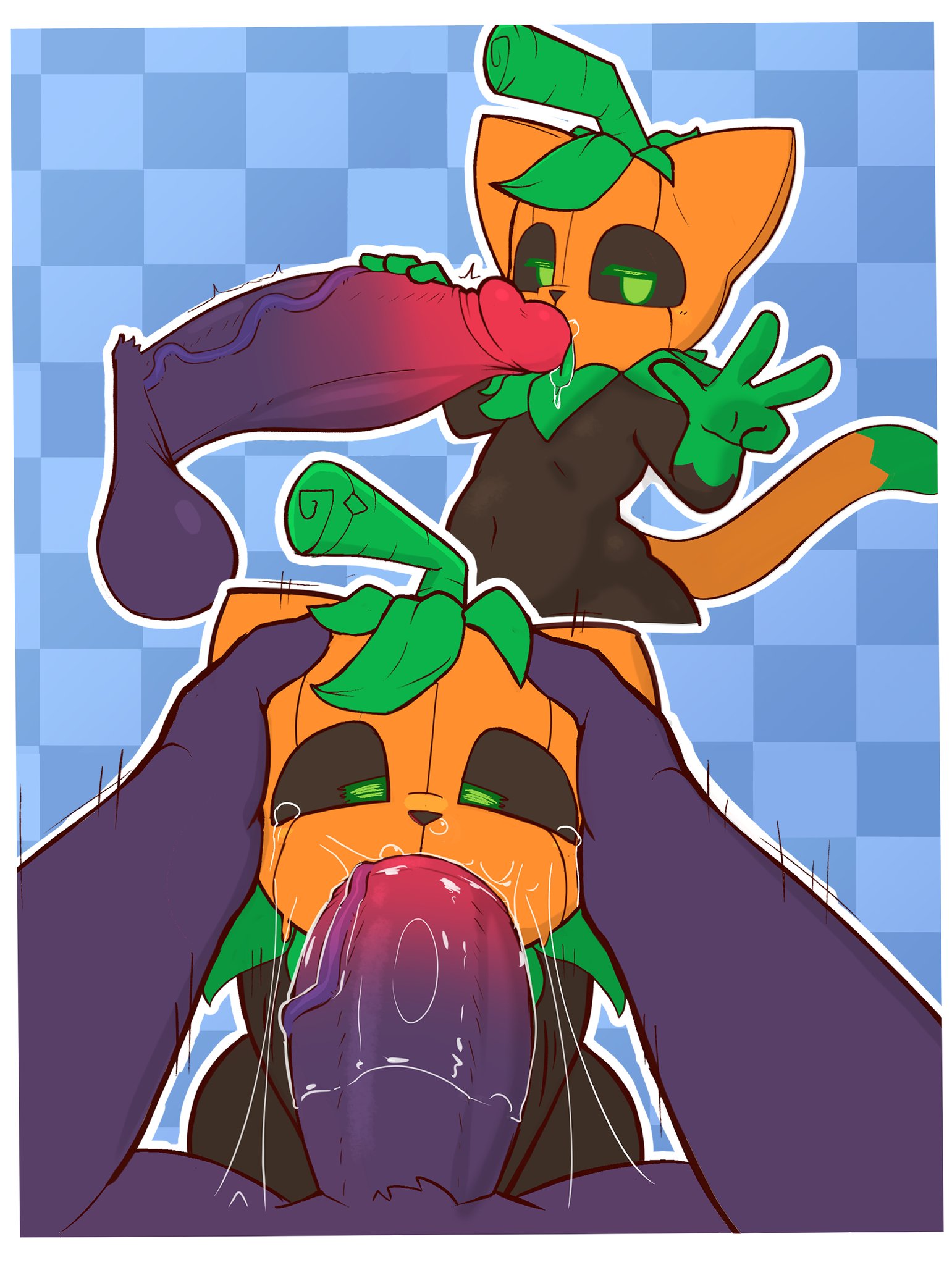 1boy, 1girls, blowjob, bodily fluids, casual, deepthroat, defunctumbra, disembodied penis, face fucking, female, furry, green eyes, male, penis, pumkat, throat fuck, thrusting, thrusting into mouth