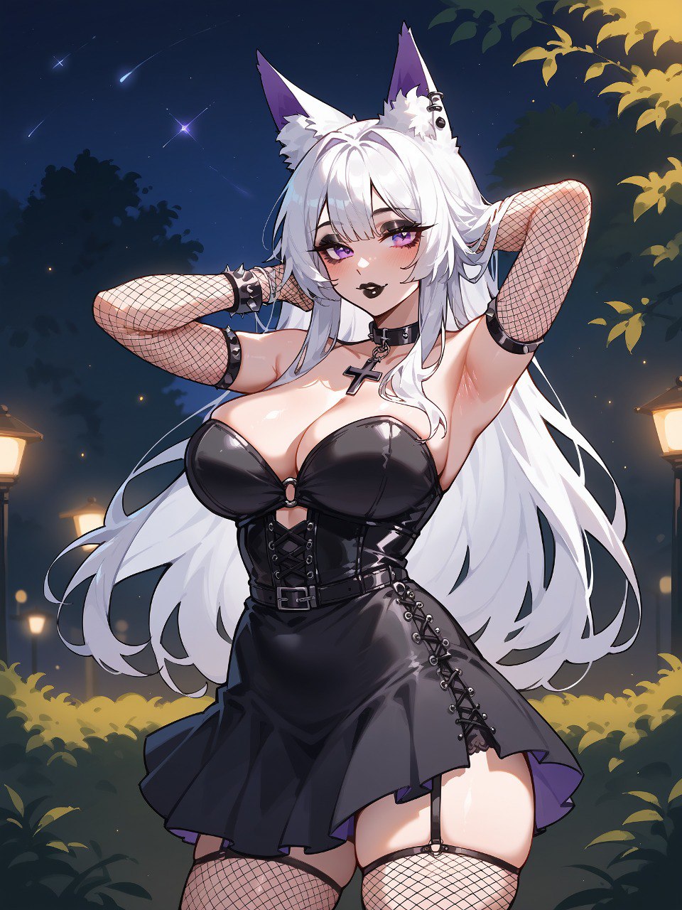 ai_generated armpits belt big_breasts bracelets cat_ears choker christina_sherman cross_necklace goth_girl kristina_sherman makeup piercing purple_eyes stockings trixie_vox virtual_youtuber vtuber white_hair