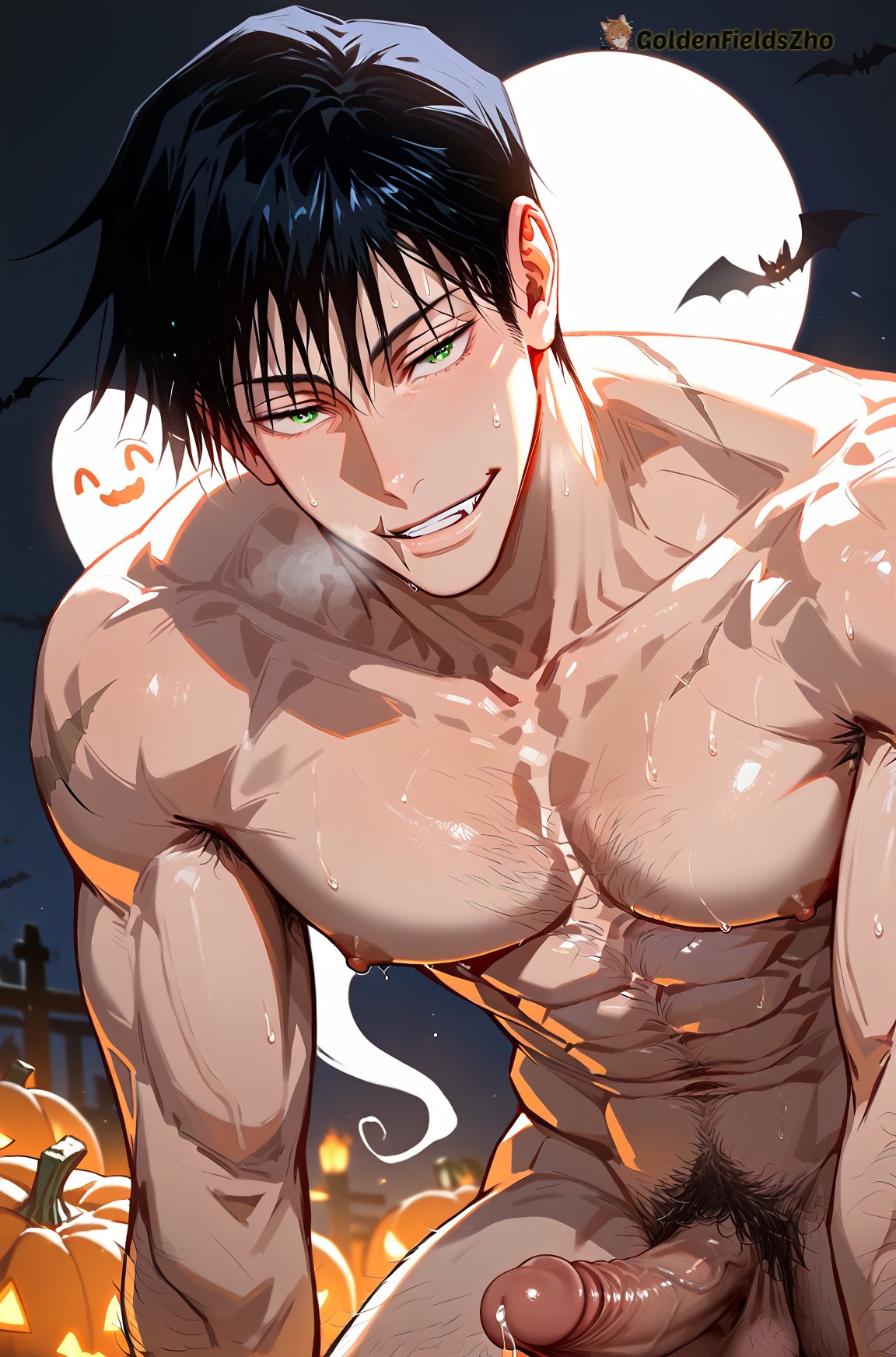 1boy abs ai_generated bangs bara bat_(animal) black_hair bush bushy_pubes chest_hair completely_nude erection full_moon gay genital_fluids genitals ghost goldenfieldszho green_eyes hair hair_between_eyes hairy hairy_ hairy_arms hairy_balls hairy_chest hairy_male halloween jack-o'-lantern jujutsu_kaisen large_pectorals legs looking_at_viewer male_focus male_pubic_hair moon muscular muscular_male naked naked_male navel night night_sky nipples nude outdoors pectorals penis precum precum_drip precum_on_penis precum_string pubic_hair pumpkin scar scar_on_face short_hair smile solo spiked_hair sweat sweatdrop sweating sweaty sweaty_balls sweaty_body sweaty_genitalia sweaty_legs sweaty_thighs teeth testicles thighs toji_fushiguro uncensored vein veins veiny veiny_arms veiny_muscles veiny_penis yaoi