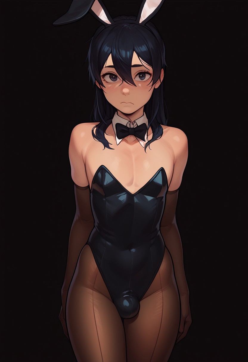 1boy ai_generated alternate_hairstyle androgynous black_bunnysuit black_eyes black_hair bulge bunnysuit civitai elbow_gloves femboy kirigaya_kazuto long_hair looking_at_viewer male_only pantyhose rabbit_ears sword_art_online