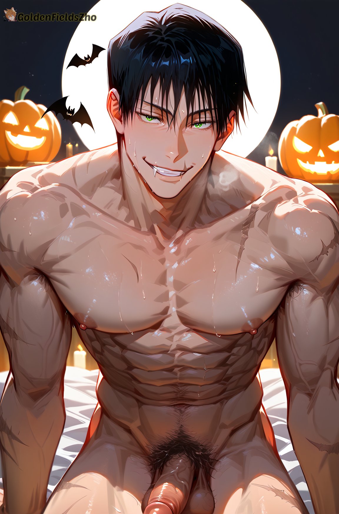 1boy abs ai_generated bangs bara bat_(animal) black_hair bush bushy_pubes completely_nude erection full_moon gay genitals goldenfieldszho green_eyes hair hairy hairy_balls hairy_male halloween jack-o'-lantern jujutsu_kaisen large_pectorals looking_at_viewer male_focus male_only male_pubic_hair moon muscular muscular_male naked naked_male navel night nipples nude pectorals penis pubic_hair pumpkin scar scar_on_chest scar_on_face short_hair sitting smile solo sweat sweatdrop sweating sweaty sweaty_balls sweaty_body sweaty_genitalia sweaty_legs sweaty_thighs testicles thighs toji_fushiguro uncensored vein veins veiny veiny_arms veiny_muscles veiny_penis yaoi