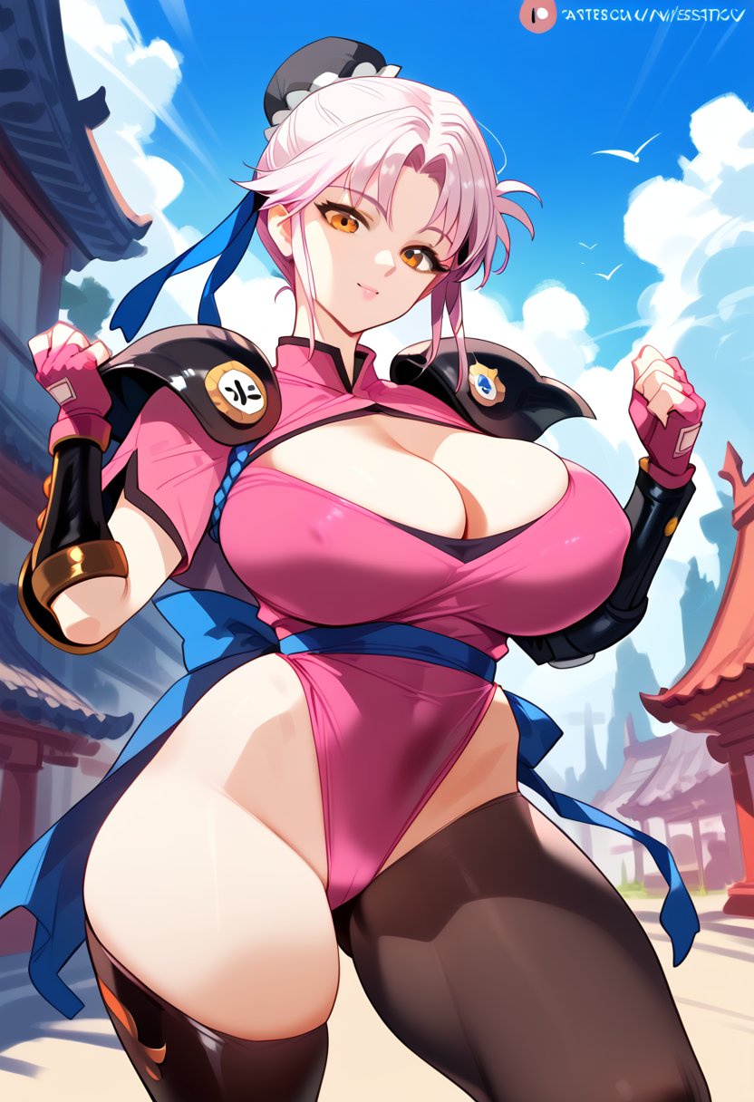 2d ai_generated big_breasts dragon_quest dragon_quest_dai_no_daibouken female female_focus female_only fingerless_gloves gloves hair_bun leotard maam outdoors pink_hair shoulder_pads solo solo_female solo_focus tagme