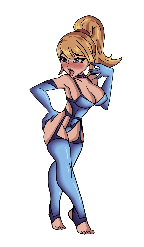 big_breasts bimbo blonde_hair blue_eyes cleavage gloves me metroid partially_clothed samus_aran skimpy skimpy_clothes source_request stirrup_legwear tag toeless_legwear