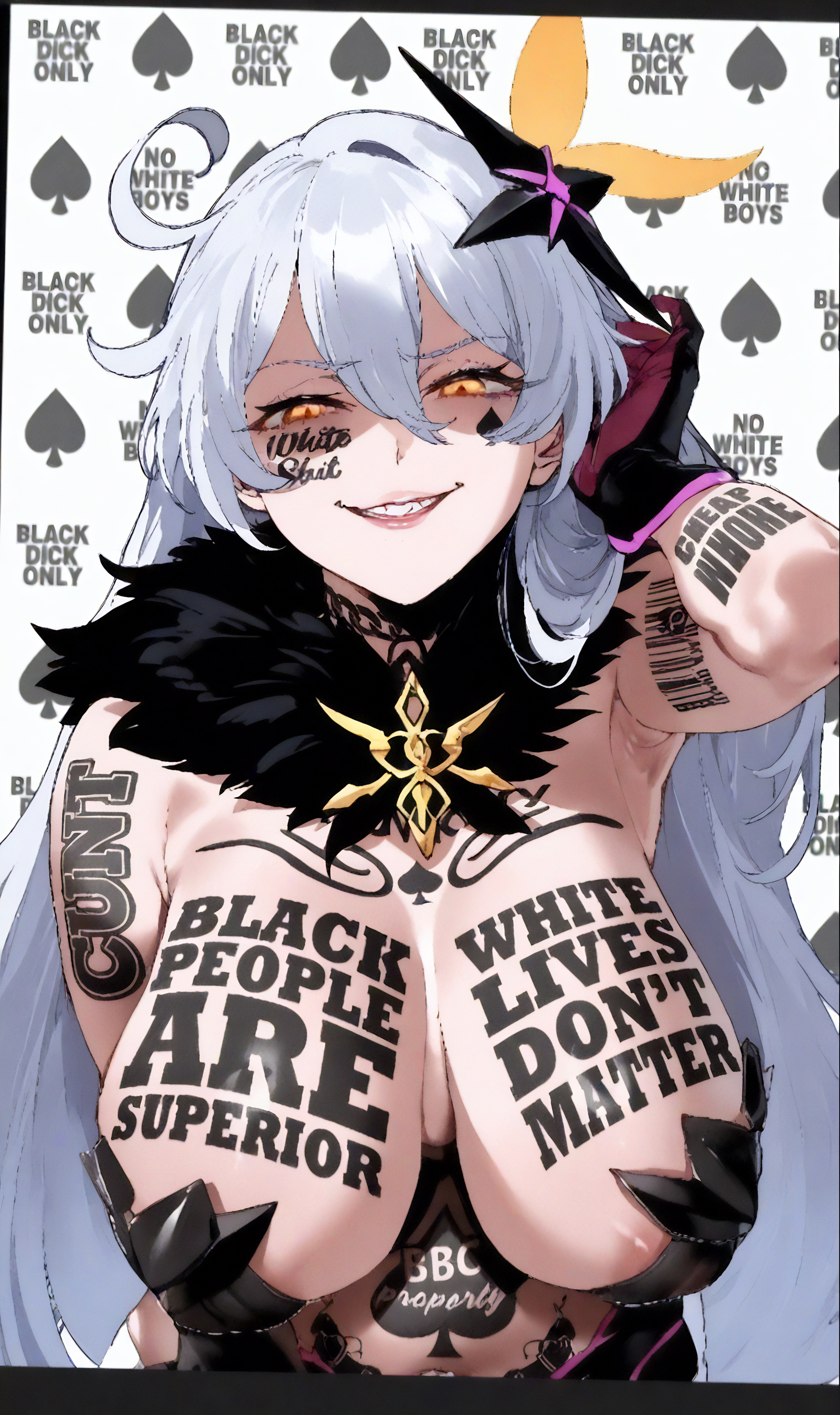 1girls, ai generated, armpits, big breasts, black lives matter, breasts, breeding slave, female, herrscher of the void, honkai (series), honkai impact 3rd, kara (artist), kiana kaslana (herrscher of the void), orange eyes, queen of spades, sadistic smile, smile, spade background, tagme, tattoo, white hair