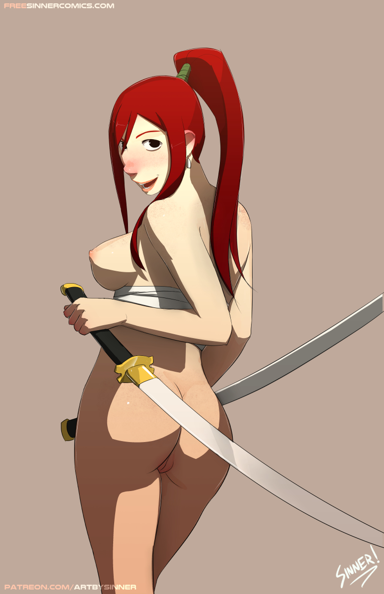 1girls, ass, bare shoulders, black eyes, blush, breasts, earring, earrings, erza scarlet, fairy tail, fat mons, female, female only, freckles, high resolution, hips, holding sword, holding weapon, human, jewelry, katana, large breasts, legs, long hair, looking at viewer, nipples, nude, open mouth, pale skin, perky breasts, ponytail, pussy, red hair, red-haired female, sideboob, sillygirl, sinner, solo, standing, sword, swords, thighs, tied hair, topless, vagina, watermark, weapon, web address