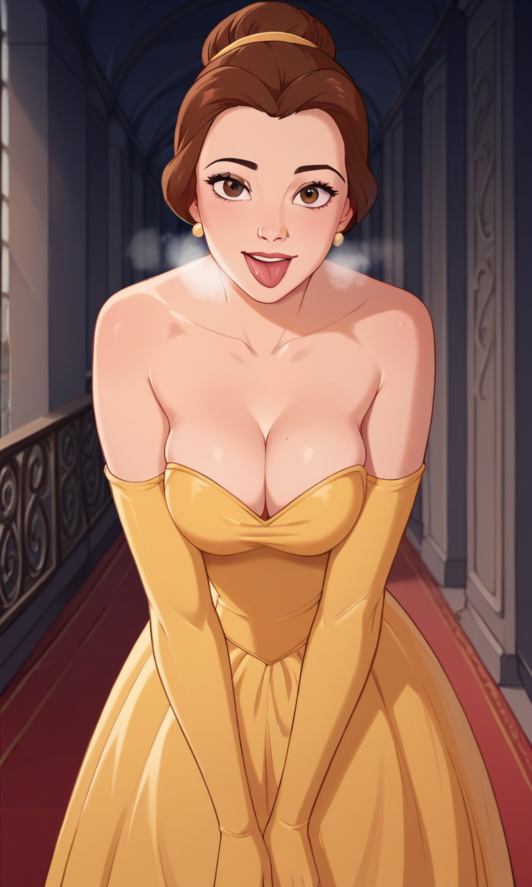 ai_generated ass belle belle_(beauty_and_the_beast) bigmic145 breasts cleavage disney disney_princess dress elbow_gloves female princess sexually_suggestive solo_female yellow_dress