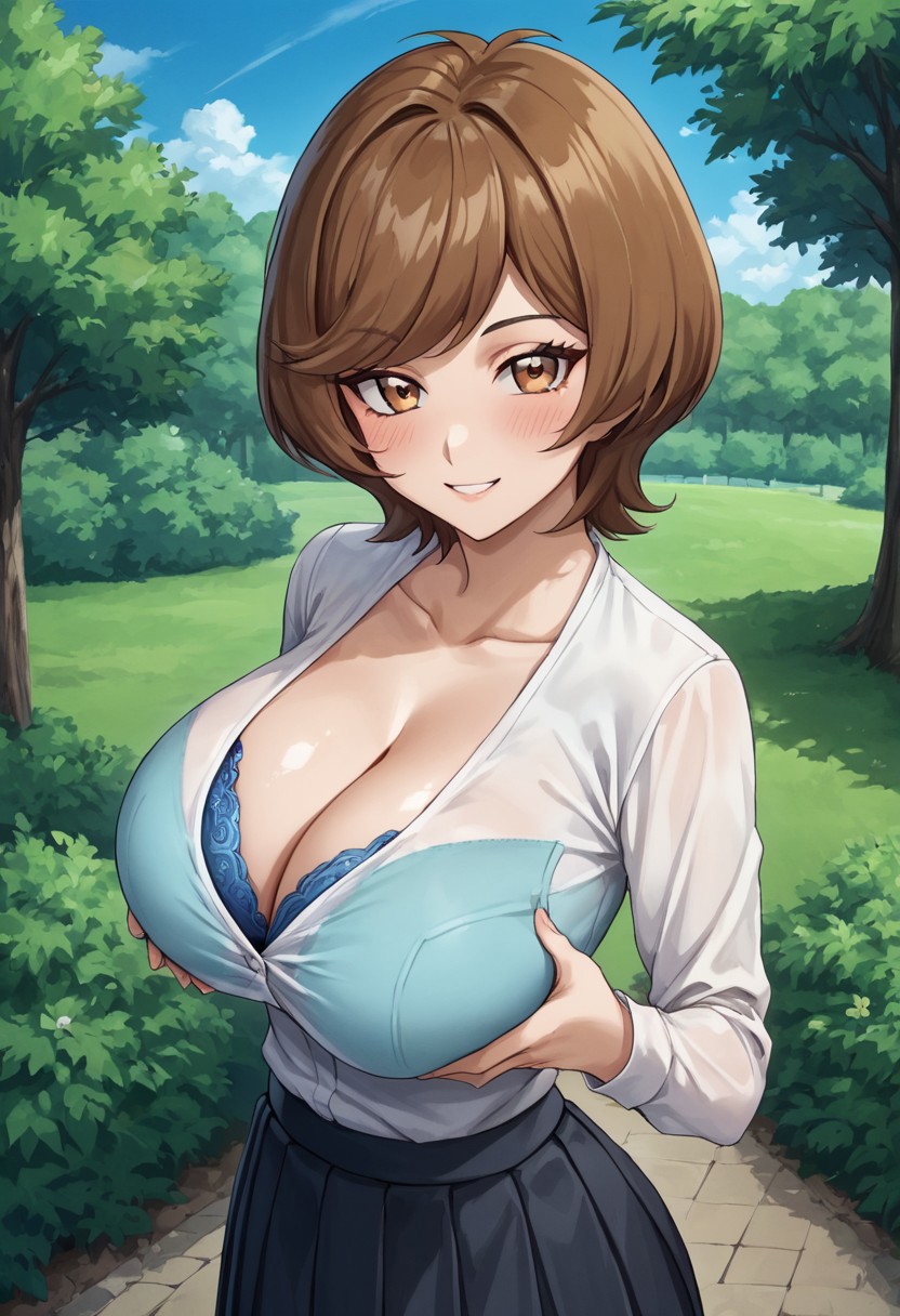 1girls ai_generated blush bra brown_eyes brown_hair clothing duelistmuser female hi_res huge_breasts large_breasts looking_at_viewer seductive seductive_smile short_hair smile solo yu-gi-oh! yu-gi-oh!_vrains zaizen_aoi