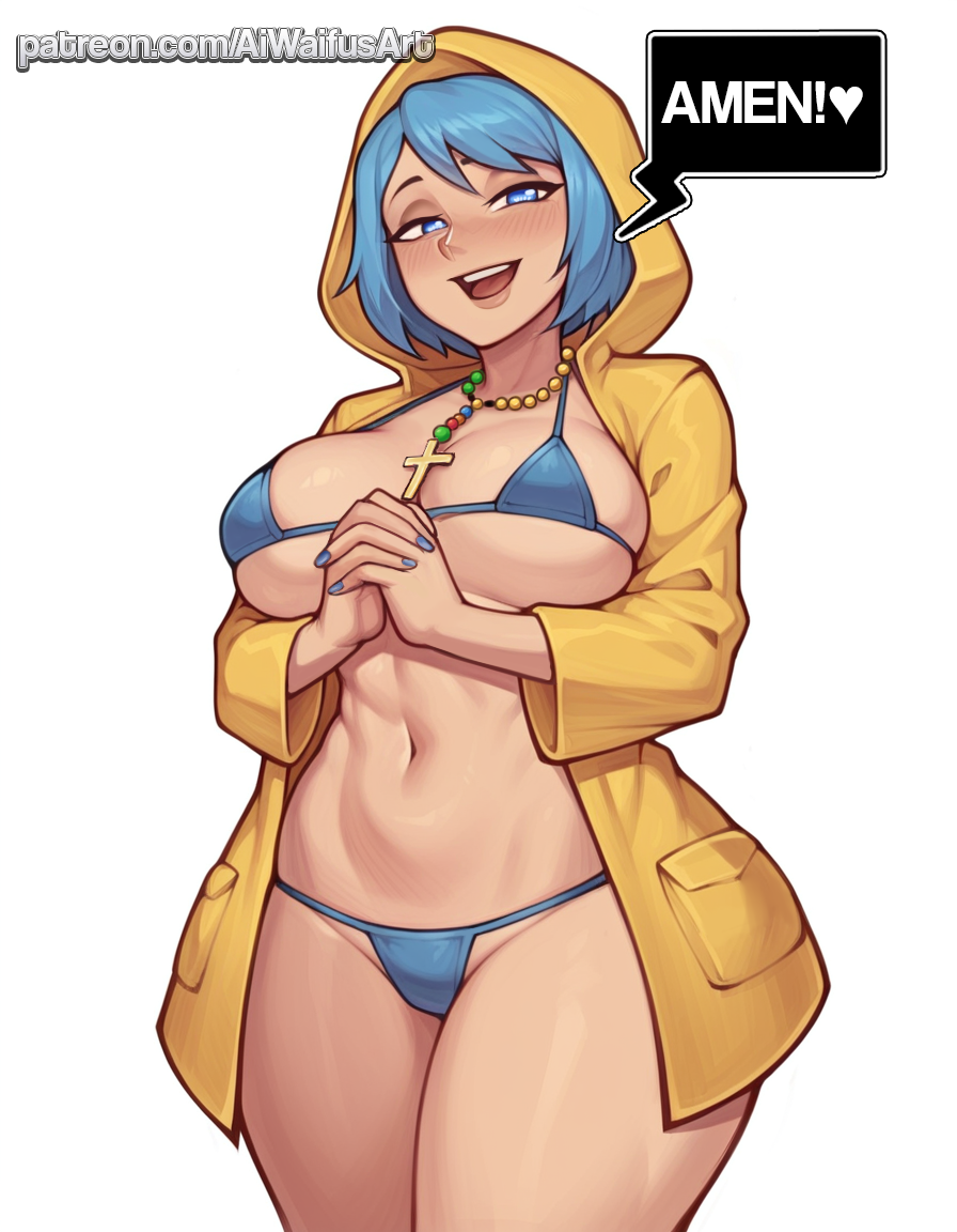 1girls aged_up ai_generated aiwaifusart blue_bikini blue_eyes blue_hair blush cross_necklace holy_year_2025 hood large_breasts luce_(vatican) micro_bikini narrow_waist patreon_url patreon_username praying raincoat seductive_smile short_hair smile stable_diffusion standing text text_bubble thick_thighs wide_hips