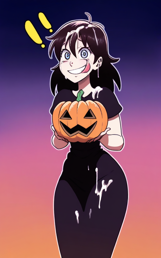 ai_generated black_hair clothing cum cum_on_body cum_on_face curvy curvy_female curvy_figure dress female halloween hips pixelsin pumpkin