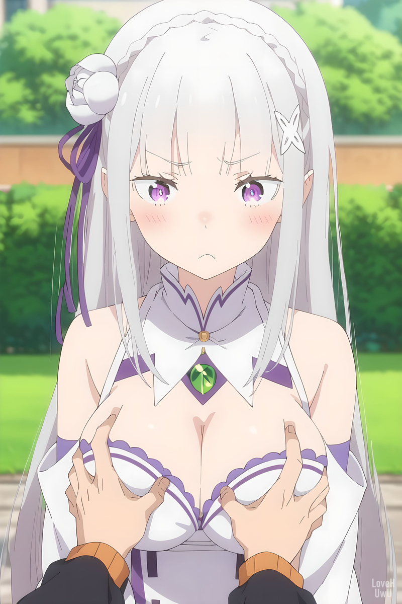 ai generated, ass, big ass, big breasts, blushing at viewer, breast grab, breasts, elf, elf ears, elf female, emilia (re:zero), female, large breasts, long hair, natsuki subaru, pov, re:zero kara hajimeru isekai seikatsu, violet eyes, white hair