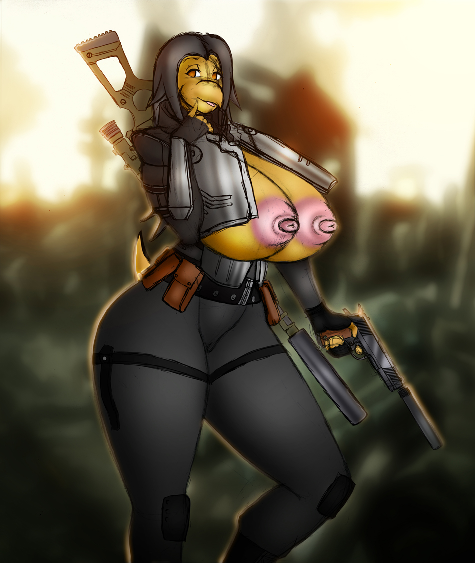 1girls 2015 anthro armor bellum-art big_breasts black_hair breast_expansion breasts brown_eyes clothing cosplay fallout female female_only firearm gun hair handgun katie_koopa koopa koopa_troopa mario_(series) nintendo nipples outdoors ranged_weapon reptile rifle scalie scope sketch sneaking_suit solo standing suppressor tight_clothing turtle video_games wardrobe_malfunction weapon wide_hips