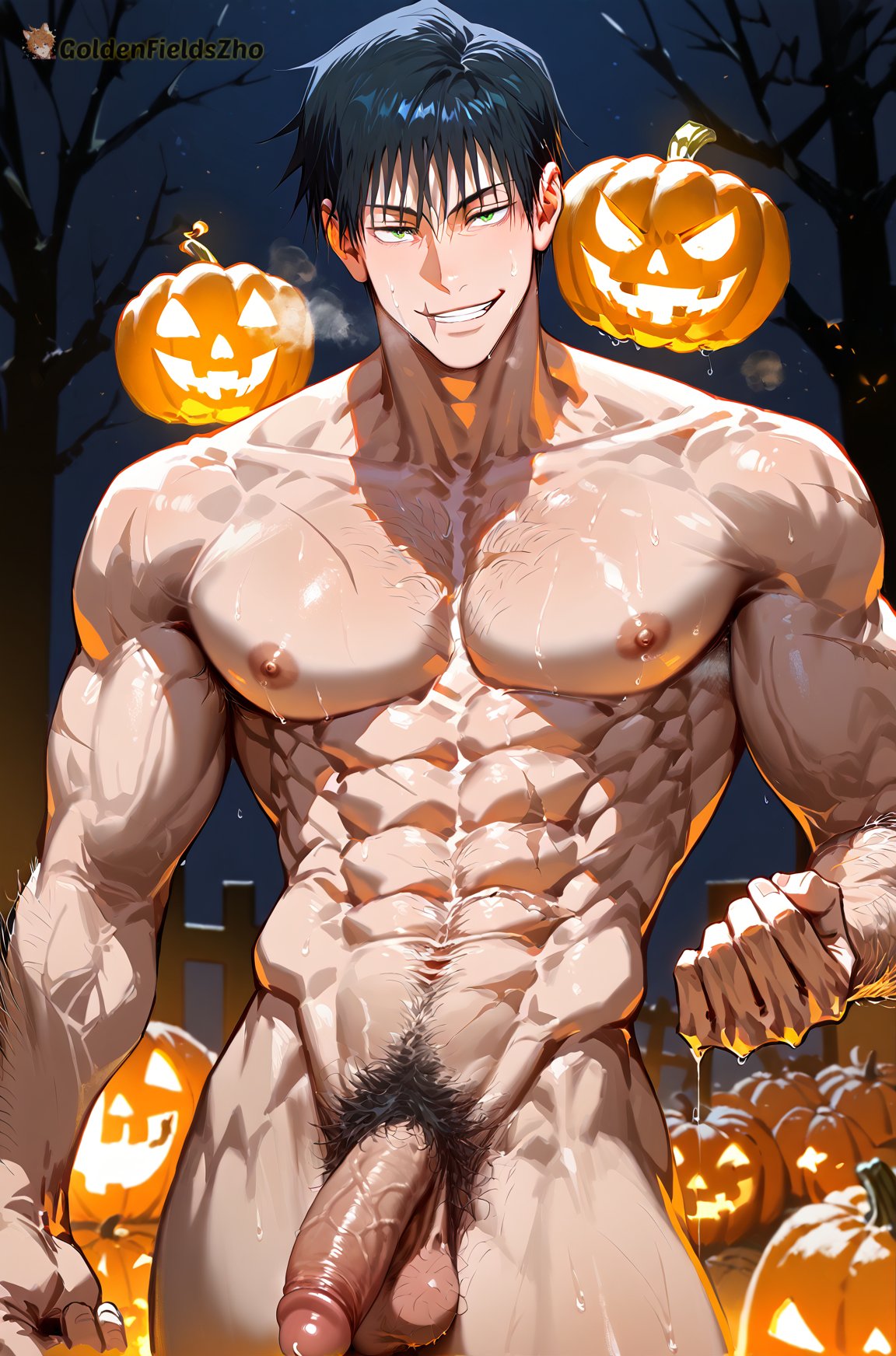 1boy abs ai_generated bara black_hair bush bushy_pubes chest_hair completely_nude erection gay genitals goldenfieldszho green_eyes hair hairy hairy_armpits hairy_arms hairy_balls hairy_legs hairy_male halloween jack-o'-lantern jujutsu_kaisen large_pectorals looking_at_viewer male_focus male_pubic_hair muscular muscular_male naked naked_male navel navel_hair night night_sky nipples nude outdoors pectorals penis pubic_hair pumpkin scar scar_on_face short_hair sky smile solo sweat sweatdrop sweating sweaty sweaty_balls sweaty_body sweaty_genitalia sweaty_legs sweaty_thighs testicles thick_thighs thighs toji_fushiguro uncensored vein veins veiny veiny_arms veiny_muscles veiny_penis yaoi