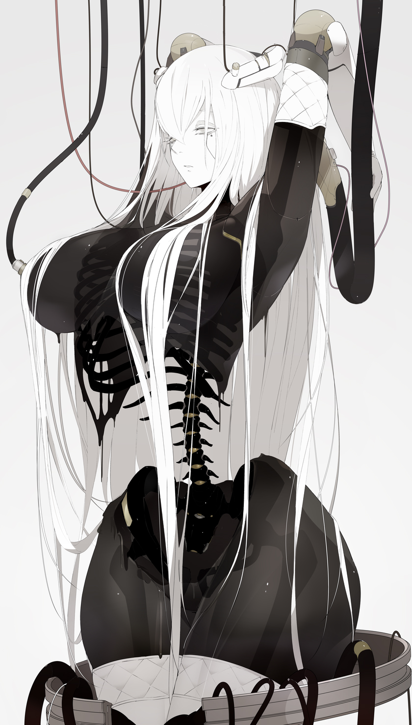 eurika_(ub1mo) hair_over_breasts long_hair maintenance naked nude robot robot_girl spine tagme transparent_skin ub1mo white_hair