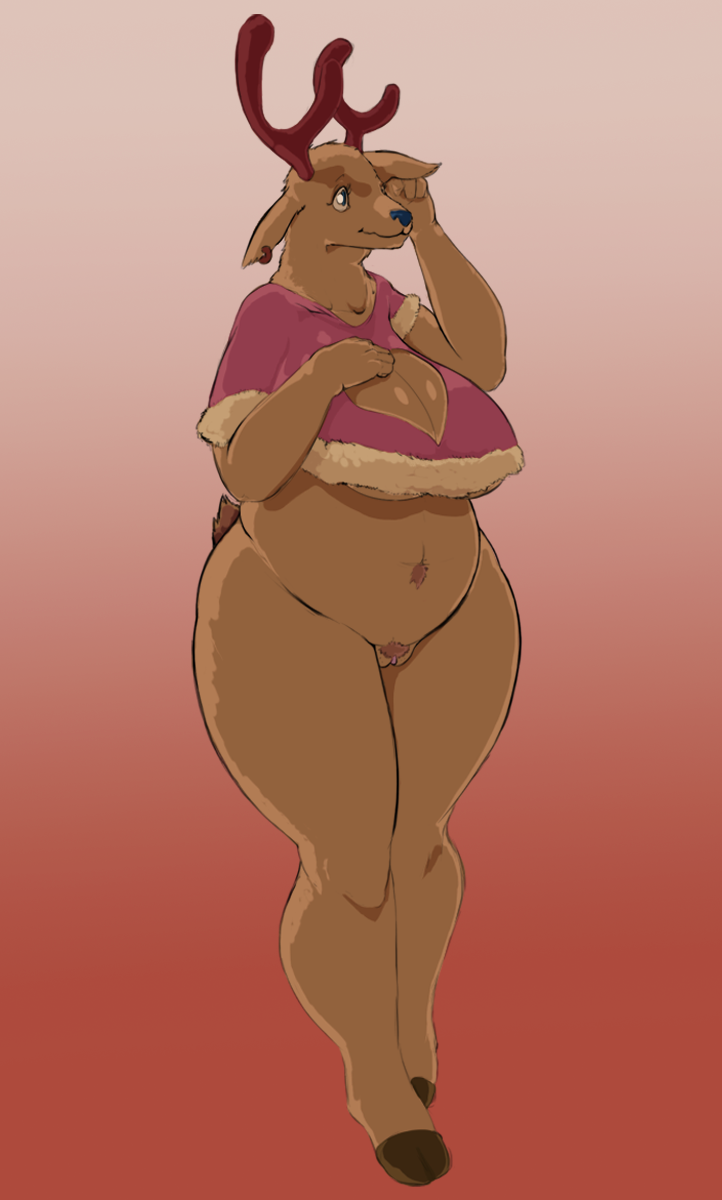 anthro antlers big_breasts bottomless breasts cervine chubby clothed clothing deer female fur furry furry_only hooves horn lupycat mammal nude partially_clothed pussy reindeer simple_background smile solo tail thick_thighs topwear