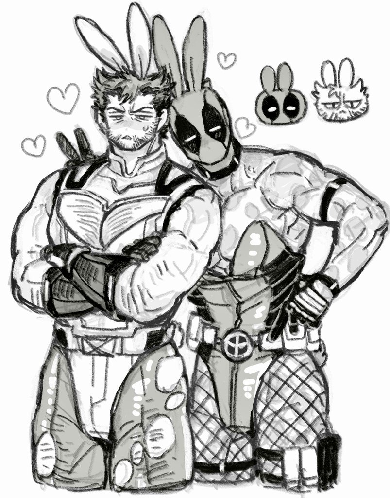 2boys abs adapted_costume animal_ears arm_hair bara beard belt blush chest_hair cleavage_cutout clothing_cutout couple crossed_arms deadpool deadpool_&_wolverine_(2024) dishing facial_hair fake_animal_ears fishnet_pantyhose fishnets gay gloves greyscale heart large_pectorals leotard logan_(x-men) male_focus male_playboy_bunny marvel marvel_cinematic_universe marvel_comics mask mature_male monochrome multiple_boys muscular muscular_male mutant_(marvel) mutate_(marvel) pantyhose pectoral_cleavage pectorals rabbit_ears rabbit_tail scar scars_all_over short_hair sweatdrop tail torn_clothes torn_pantyhose veins veiny_arms wade_wilson wolverine_(x-men) x-men yaoi