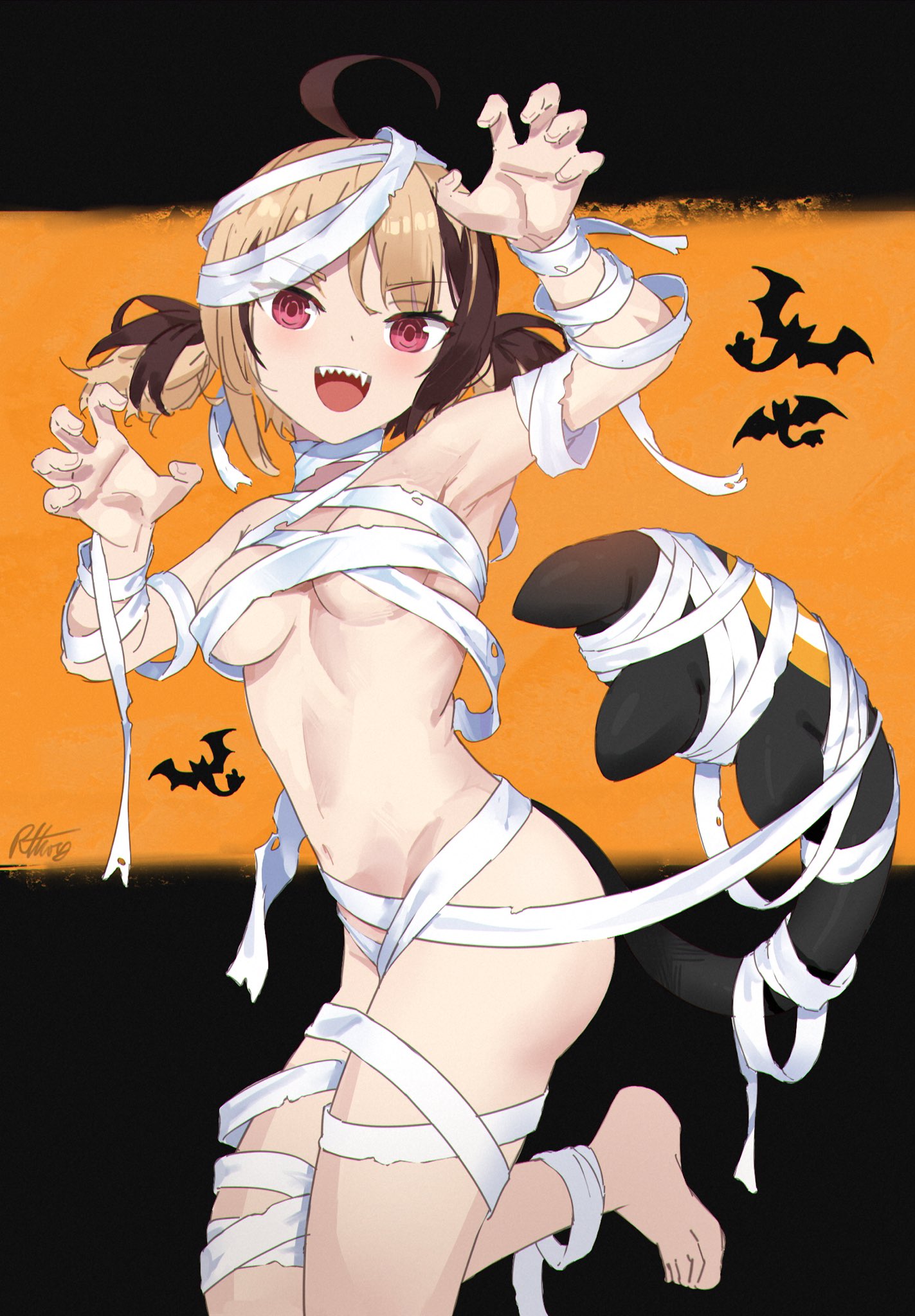 1girls artist_request ass bare_midriff breasts feet female gigi_murin halloween halloween_costume hololive hololive_english hololive_english_-justice- legs looking_at_viewer mummy mummy_costume mummy_wrappings navel revealing_clothes sharp_teeth skimpy skimpy_clothes solo tail virtual_youtuber vtuber