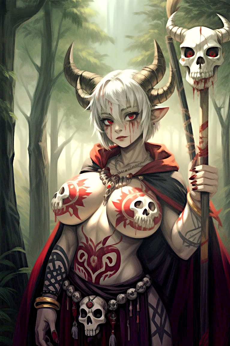 1girls ai_generated amulet big_breasts blood blood_on_face bodypaint bracelet breasts cape covered_nipples demonic demonic_horns fair-skinned_female fair_skin female female_only forest holding_object holding_staff holding_wand horns jfxjxf loincloth long_fingernails looking_at_viewer magic_wand necklace pointy_ears red_eyes red_nails satanic satanist shaman short_hair skull solo solo_female solo_focus staff standing tattoo tattoo_on_arm tattooed_arm tattoos topless wand white_hair