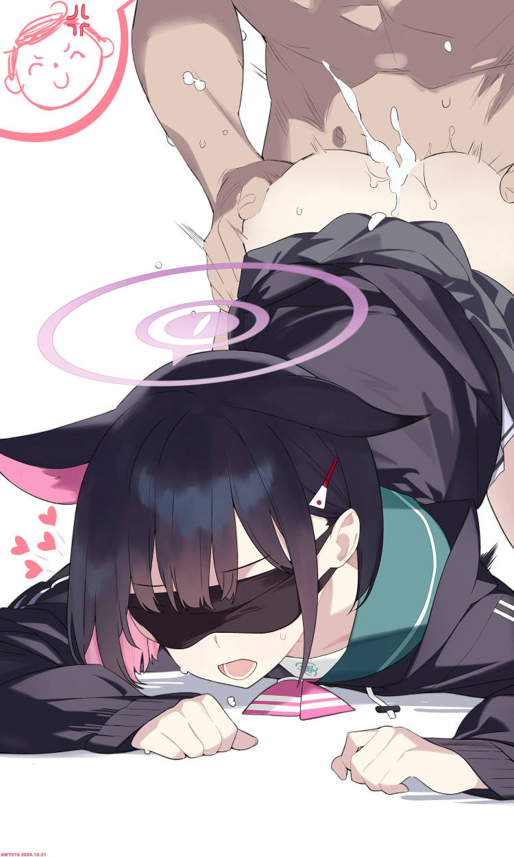 1boy all_fours amy_016 animal_ears ass black_hair black_hoodie blue_archive cat_ears clothed_female_nude_male clothes_lift colored_inner_animal_ears colored_inner_hair cum doodle_sensei_(blue_archive) extra_ears eye_mask female halo hand_on_another's_hip heart highres hood hooded_jacket hoodie jacket kazusa_(blue_archive) multicolored_hair neckerchief nude pink_hair pink_halo pink_neckerchief sensei_(blue_archive) sex skirt skirt_lift straight top-down_bottom-up