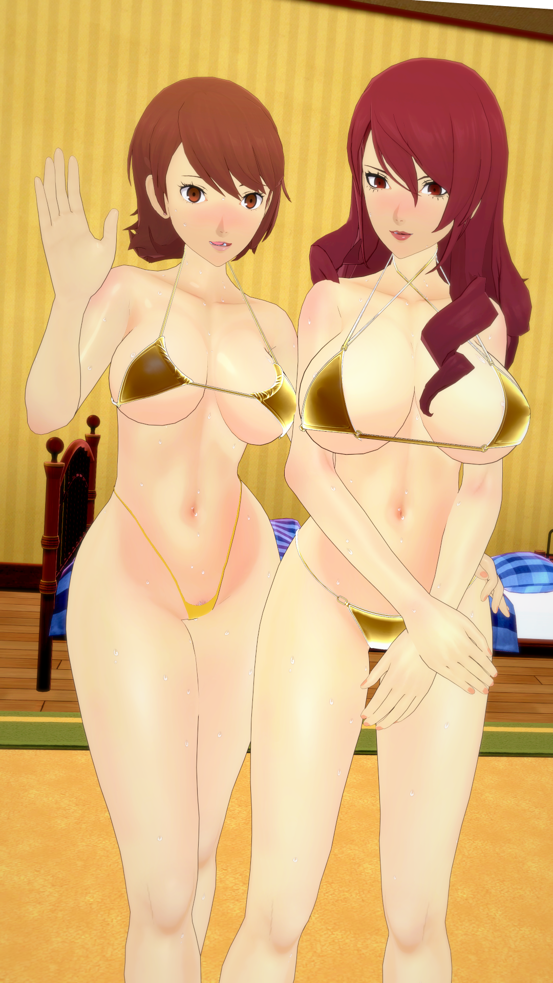 2girls, bikini, female, golden bikini, koikatsu, koikatsu (medium), mitsuru kirijo, oshino3d, persona, persona 3, sweat, swimsuit, tagme, waving at viewer, yukari takeba