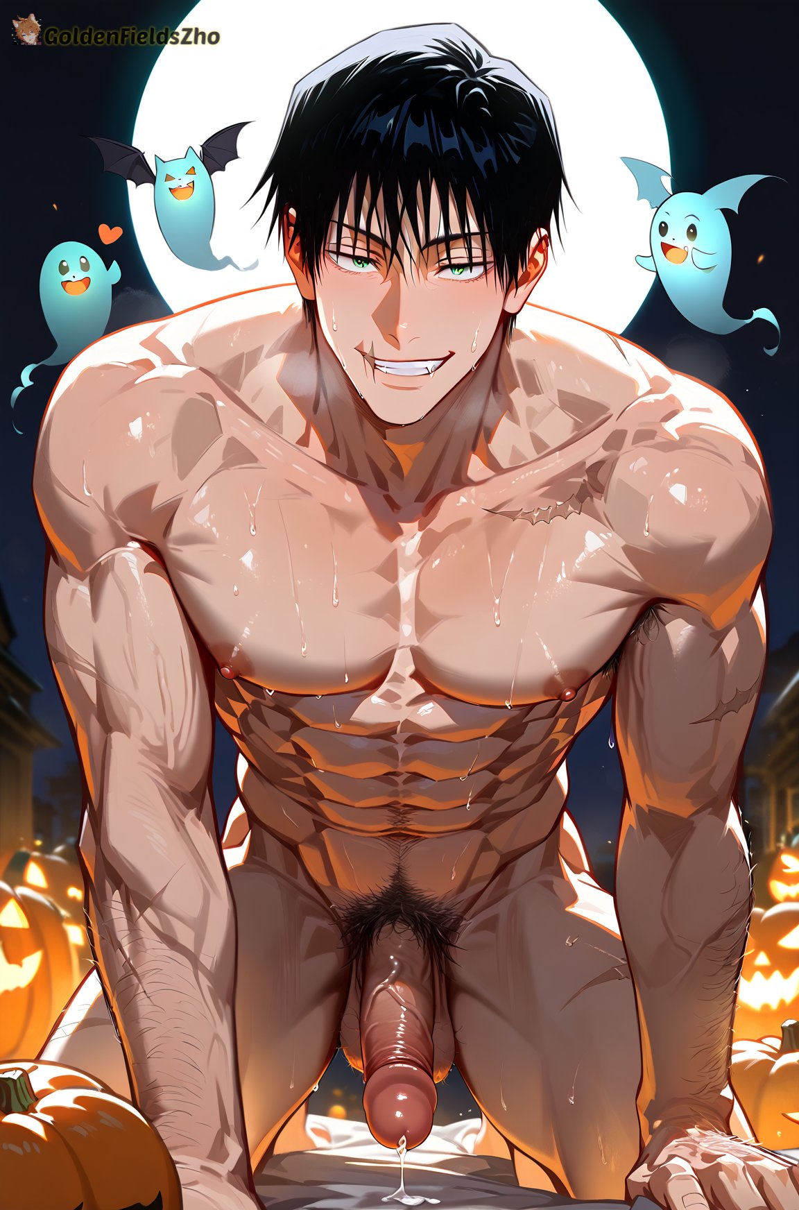 1boy abs ai_generated bangs bara black_hair bush bushy_pubes completely_nude cum erection full_moon gay genital_fluids genitals ghost goldenfieldszho green_eyes hair hairy hairy_arms hairy_balls hairy_male halloween jack-o'-lantern jujutsu_kaisen large_pectorals looking_at_viewer male_focus male_only male_pubic_hair moon muscular muscular_male naked naked_male navel night night_sky nipples nude outdoors pectorals penis precum precum_drip precum_on_penis precum_string pubic_hair pumpkin scar scar_on_face short_hair smile solo sweat sweatdrop sweating sweaty sweaty_balls sweaty_body sweaty_genitalia sweaty_legs sweaty_thighs teeth testicles thick_thighs thighs toji_fushiguro uncensored vein veins veiny veiny_arms veiny_muscles veiny_penis yaoi