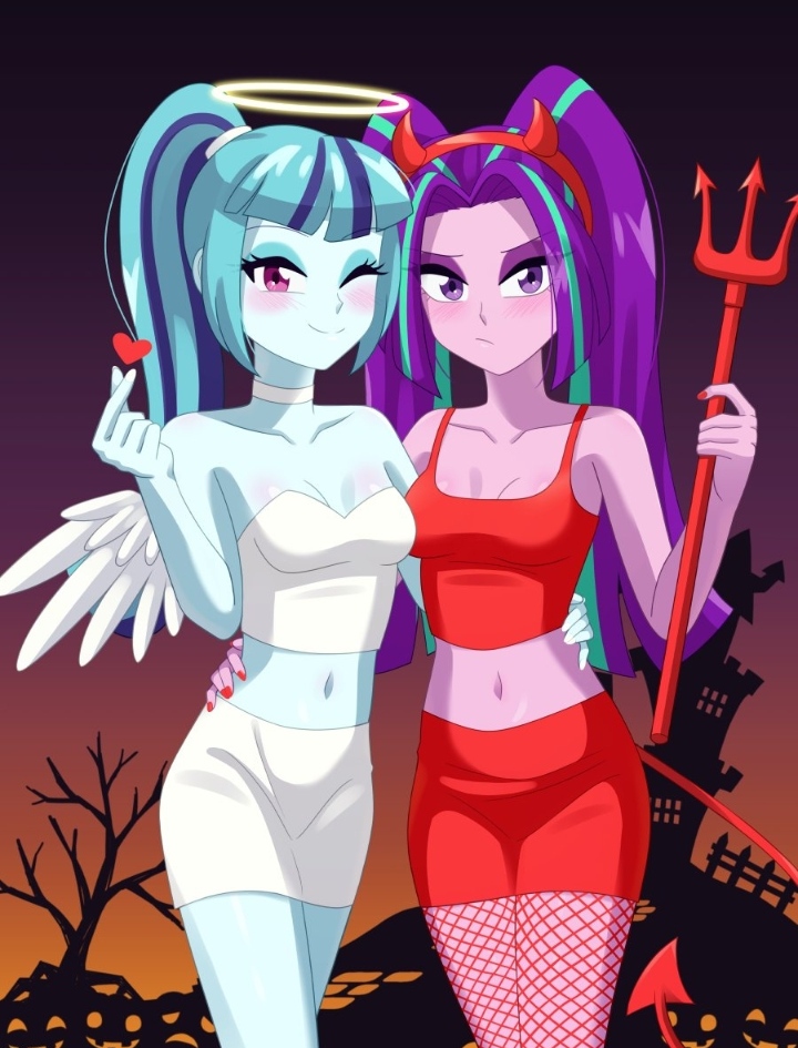 2024 2girls angel_and_devil angel_costume angel_wings aria_blaze belly blush colored_skin crop_top demon_costume demon_horns devil_horns duo equestria_girls expressionless fake_horns fishnet_legwear fishnets halloween happy hasbro midriff miniskirt my_little_pony navel pink_eyes ponytail purple_eyes purple_hair red_clothing red_skirt red_tank_top red_topwear riouku shiny_skin skirt sonata_dusk strapless strapless_topwear tank_top the_dazzlings trident twintails twitter_link white_clothing white_skirt