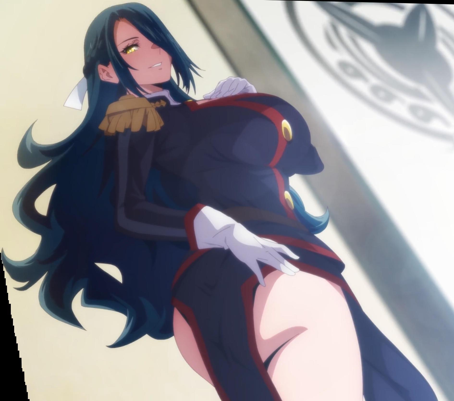 1girls, ass, azuma fubuki, blue hair, breasts, chained soldier, clothing, gloves, huge breasts, large ass, large breasts, looking at viewer, looking back, looking down, mato seihei no slave, milf, screencap, stitched, thick thighs, thighs, yellow eyes