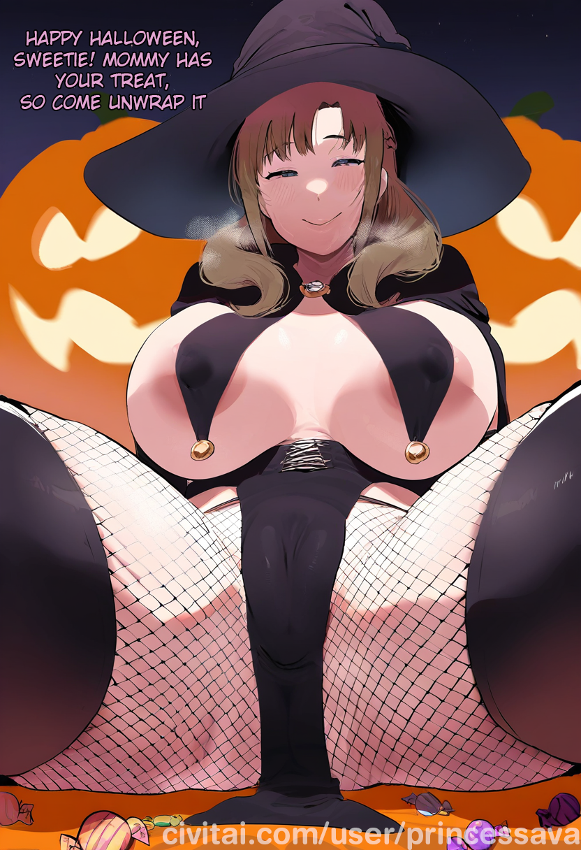 ai_generated areola_slip breast_curtains brown_hair cameltoe candy covered_pussy fishnets halloween halloween_costume jack-o'-lantern mature_female milf mommy mother oosuki_mamako pelvic_curtain presenting princessava text thighhighs tsuujou_kougeki_ga_zentai_kougeki_de_ni-kai_kougeki_no_okaasan_wa_suki_desu_ka? witch witch_hat