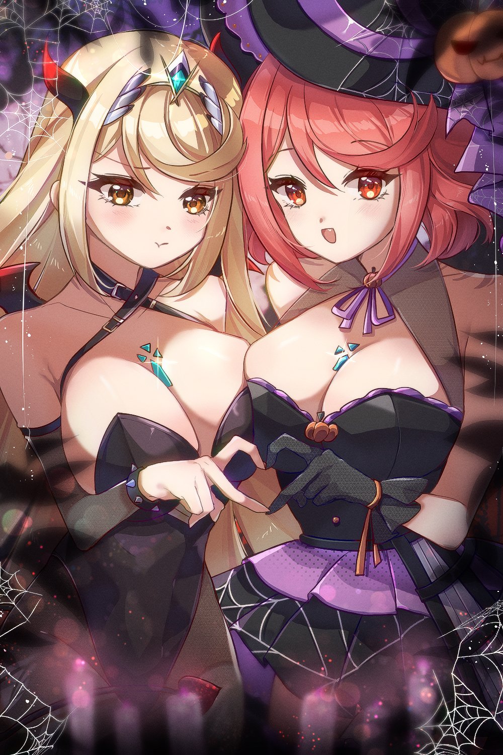 2girls breasts female female_only halloween looking_at_viewer mythra nintendo open_mouth pyra xenoblade_(series) xenoblade_chronicles_2 zer00han