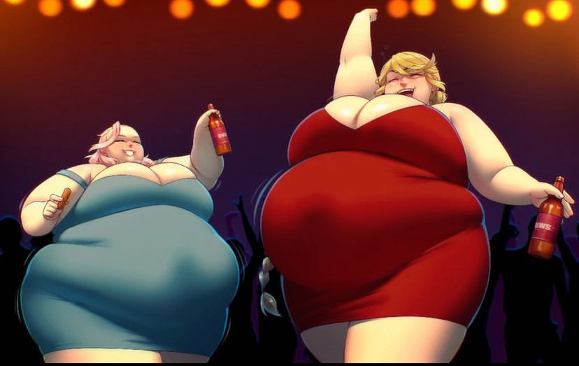 2girls bbw belly_bulge belly_jiggle belly_overhang better_with_salt big_belly chloe_(better_with_salt) cleavage feedee feederism obese_female round_belly ssbbw thunder_thighs tight_dress