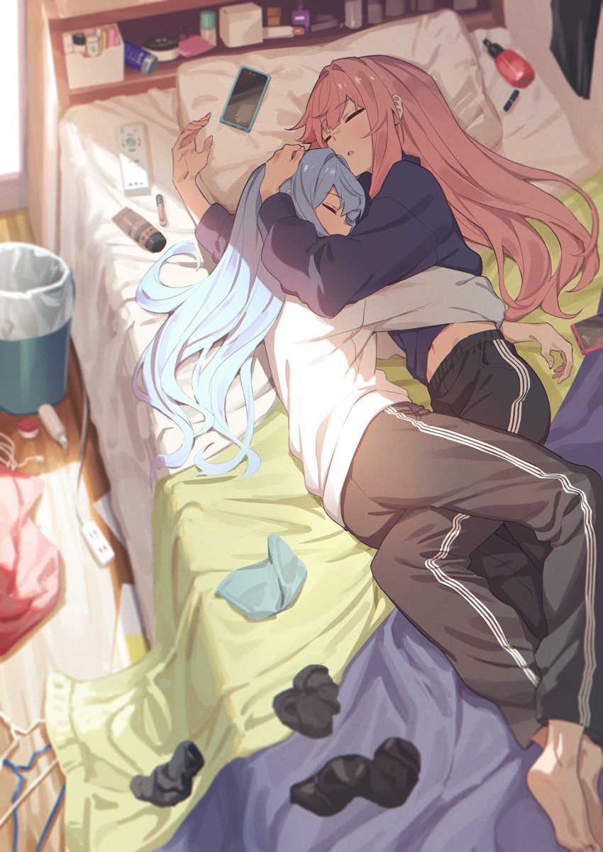 2girls artist_request bed character_request cuddling pants sleeping voiceroid wholesome yuri