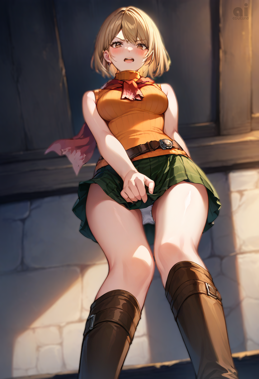 ai_assisted ai_couture ai_generated ashley_graham blonde_hair blush boots capcom covering_crotch embarrassed fully_clothed golden_eyes miniskirt panties pantyshot resident_evil resident_evil_4 upskirt