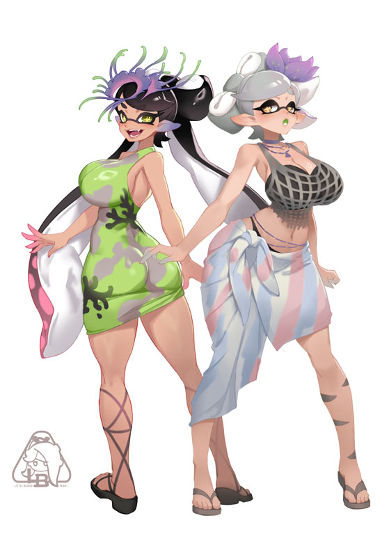 2girls alternate_costume artist_logo ass big_breasts bikini breasts callie_(splatoon) cleavage dress hair hair_ornament inkling inkling_girl little_blood long_hair looking_at_viewer marie_(splatoon) navel nintendo official_alternate_costume open_mouth simple_background splatoon squid_sisters swimsuit tentacle_hair tongue two_tone_hair white_background