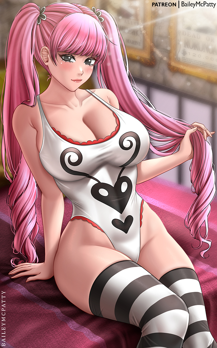 1girls baileymcpatty big_breasts black_eyes breasts cleavage clothing female female_only hair hair_ornament hips legwear leotard one_piece perona pink_hair solo solo_female striped_thighhighs thighhighs thighs twintails white_leotard